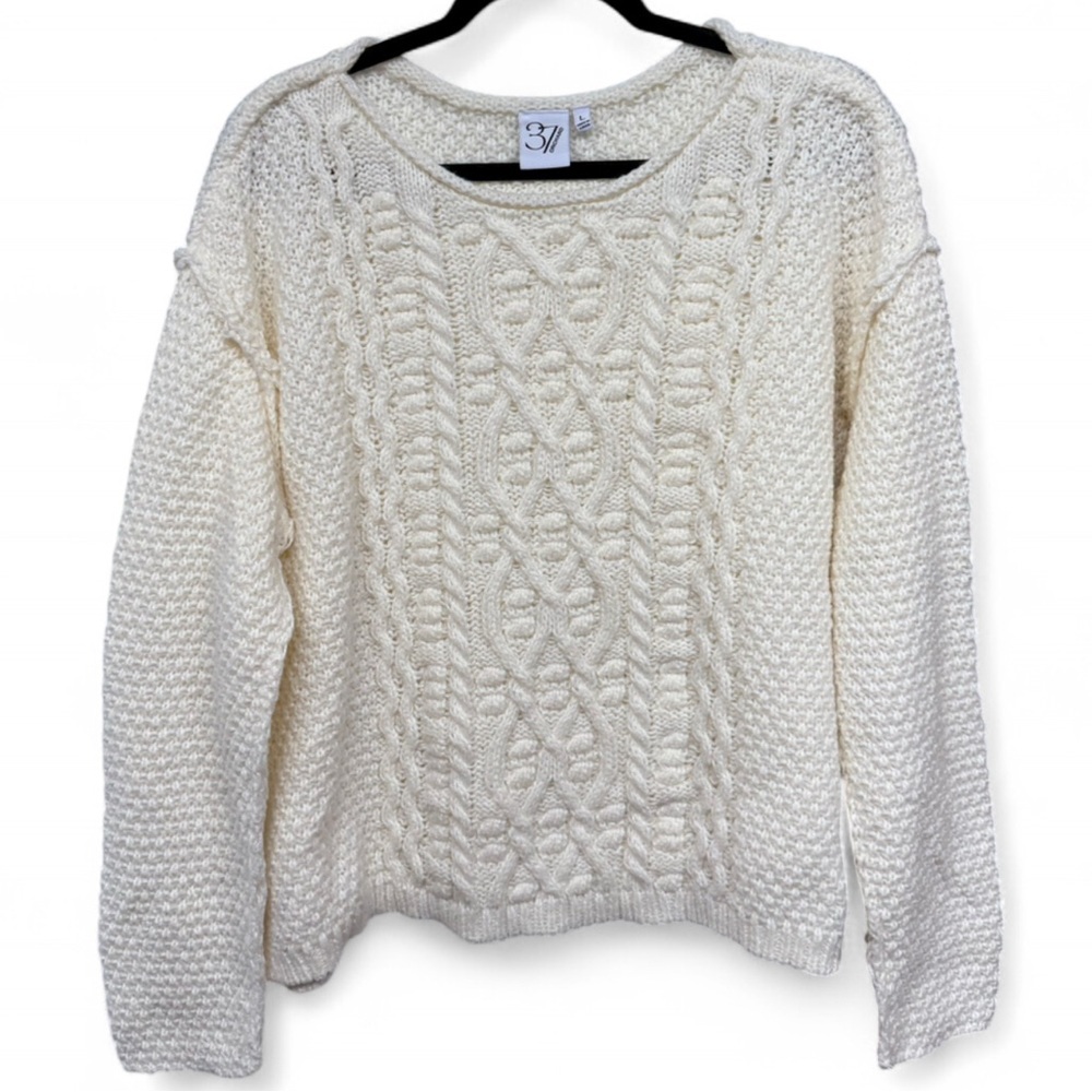3 7 Orchard Cream Cable Knit Sweater Size Large Oversized Chunky - Picture 2 of 9